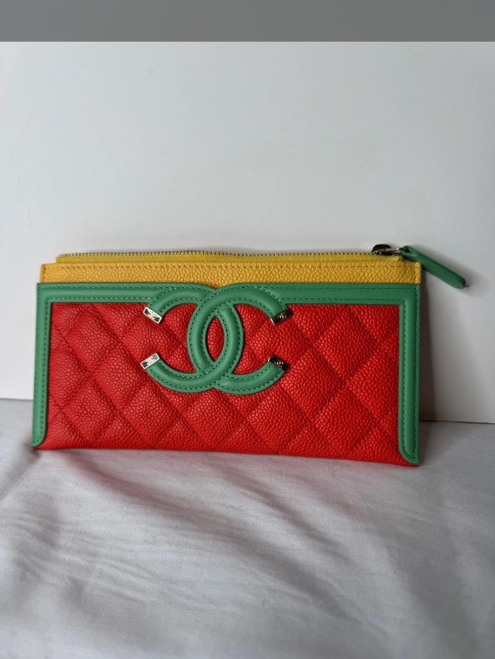 CHANEL Red, Green & Yellow Quilted Leather Zip Wallet